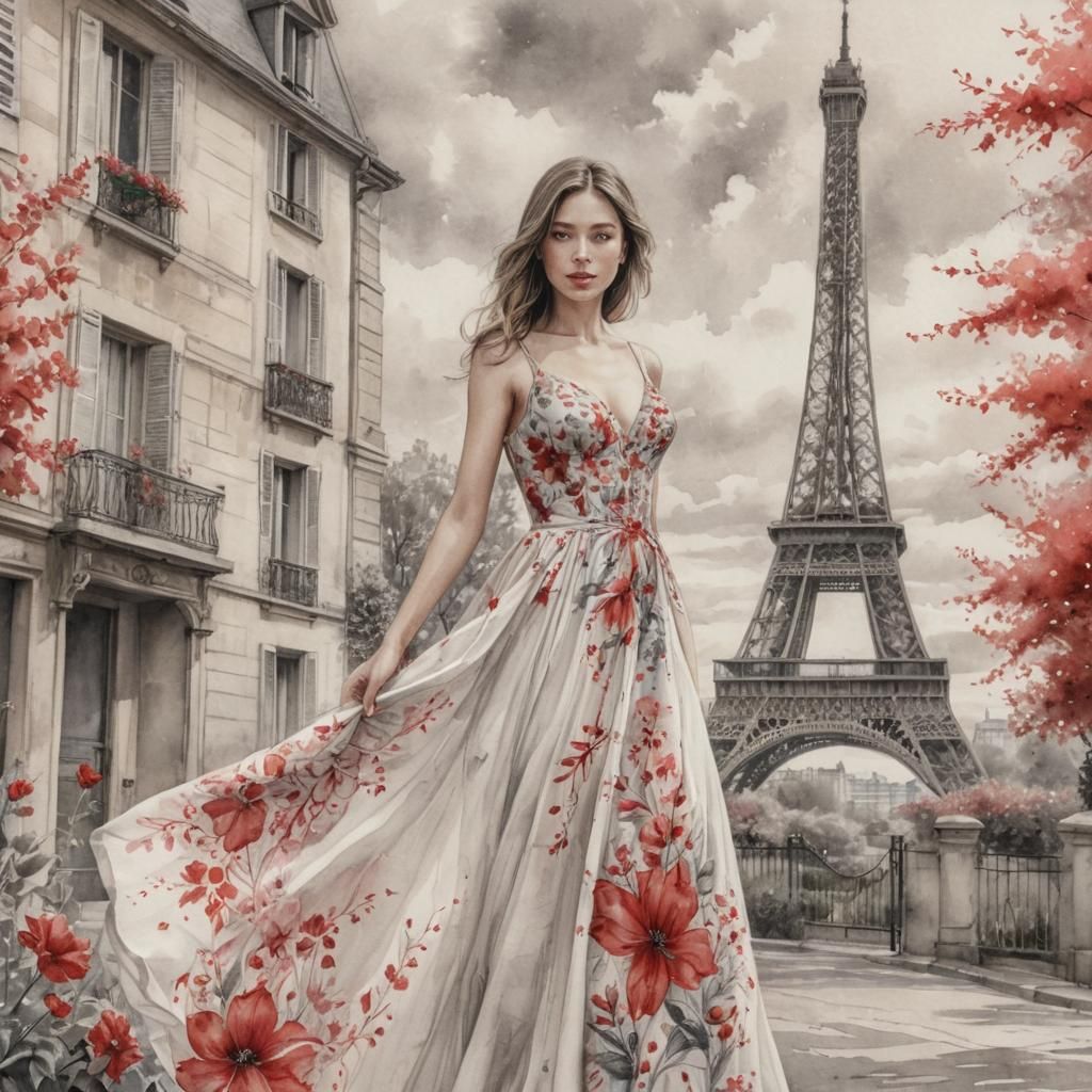 Woman in White Gown with Red Flowers Watercolor