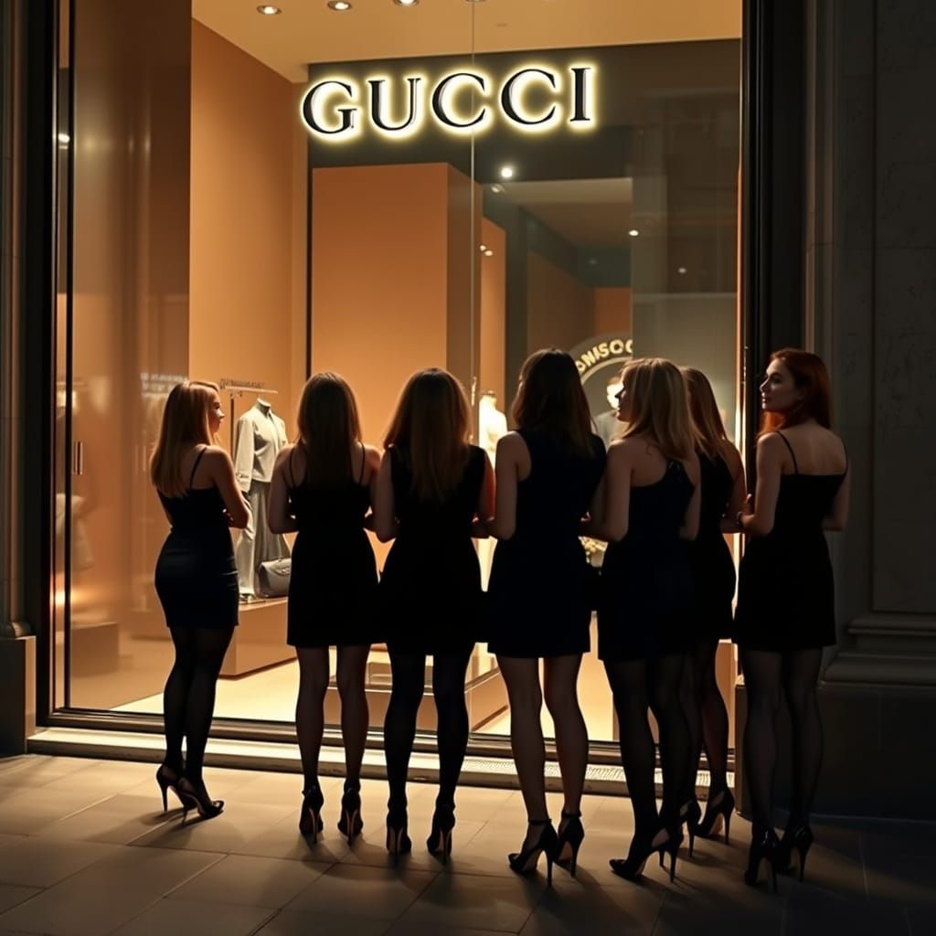 Women in Black Evening Attire Admire GUCCI Shop Window Displ...