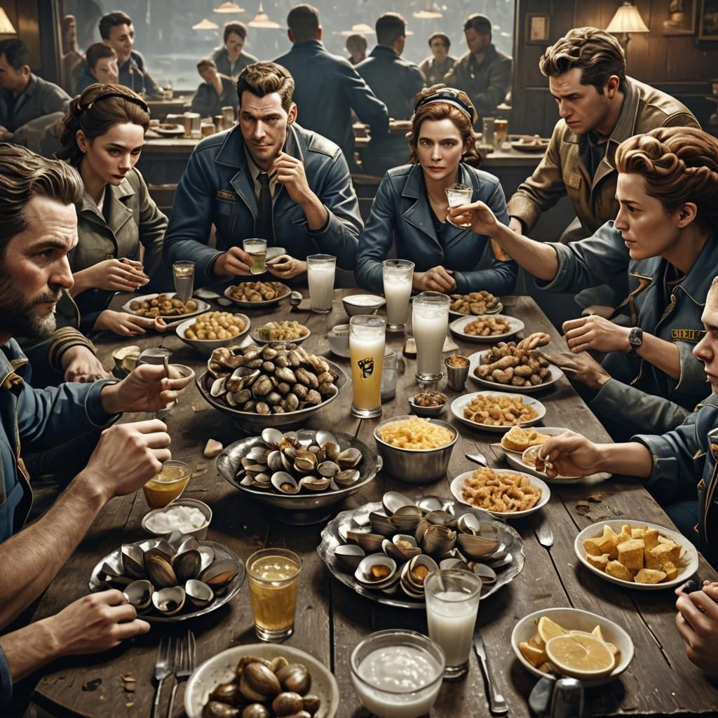 Fallout 76 Characters Enjoying Clams: Hyperrealistic HDR