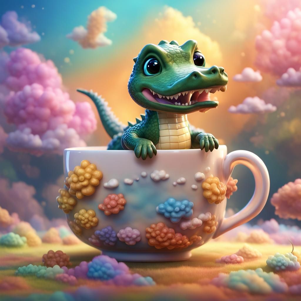 Baby Alligator in Teacup on Rainbow Clouds