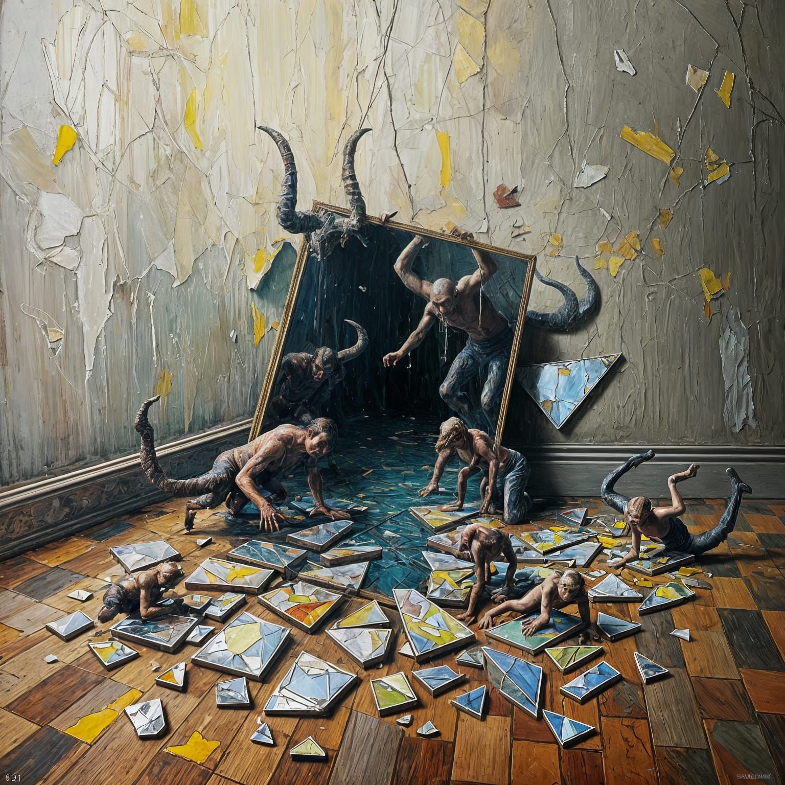 Evil Beings Emerge from Shattered Glass in Neo-Impressionist...