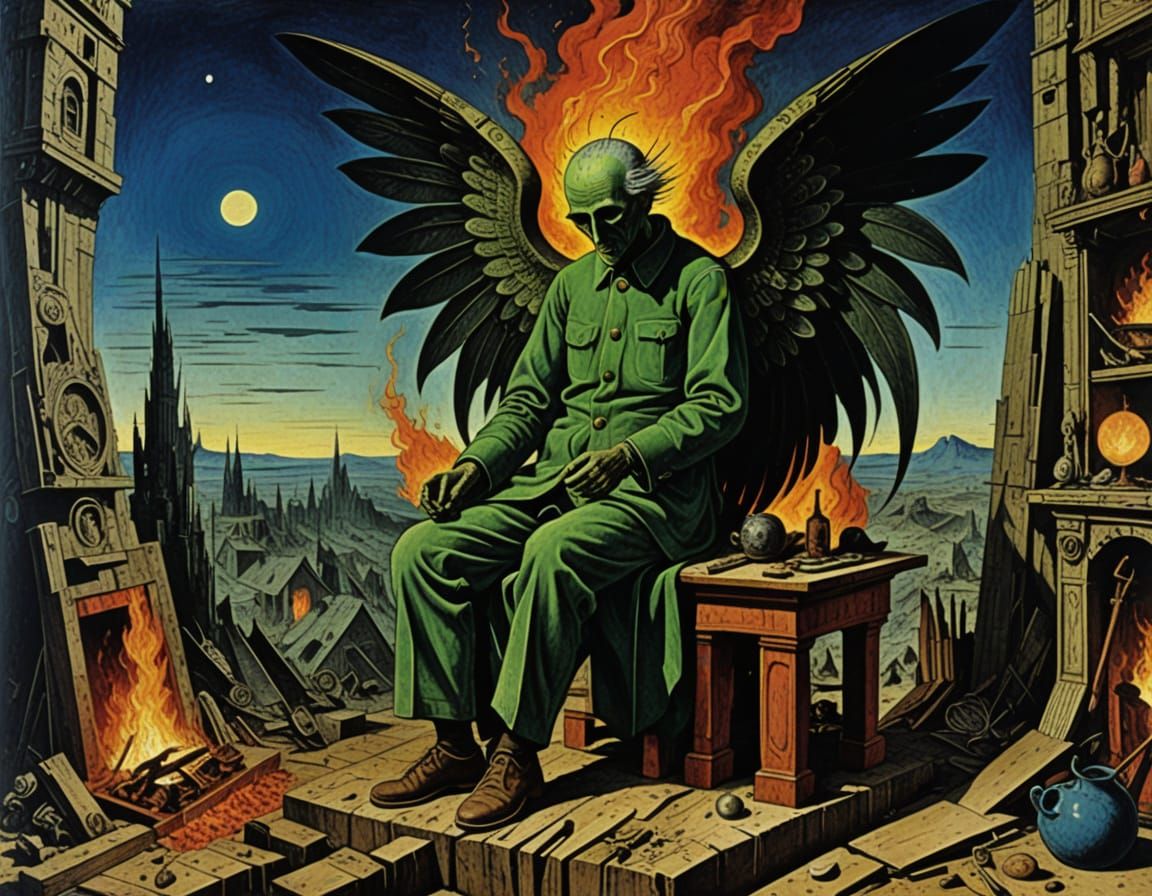 Surrealist Angel in a Dreamlike Fireside Scene