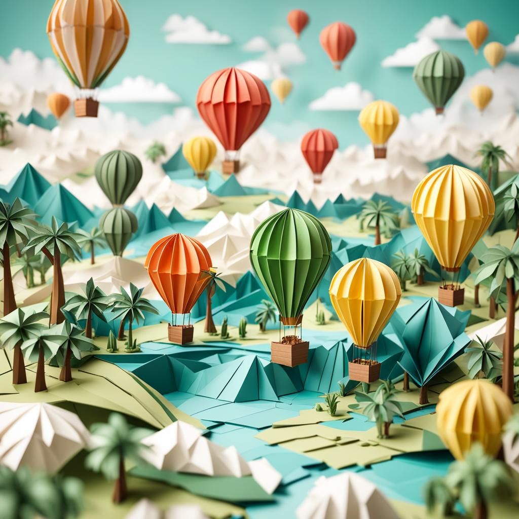 Oasis with Hot Air Balloons in Origami Style