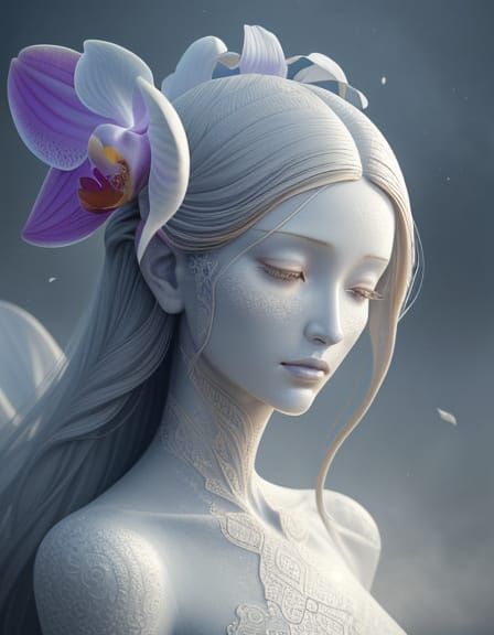 Surreal Giant Orchid Statue with Ethereal Human Face