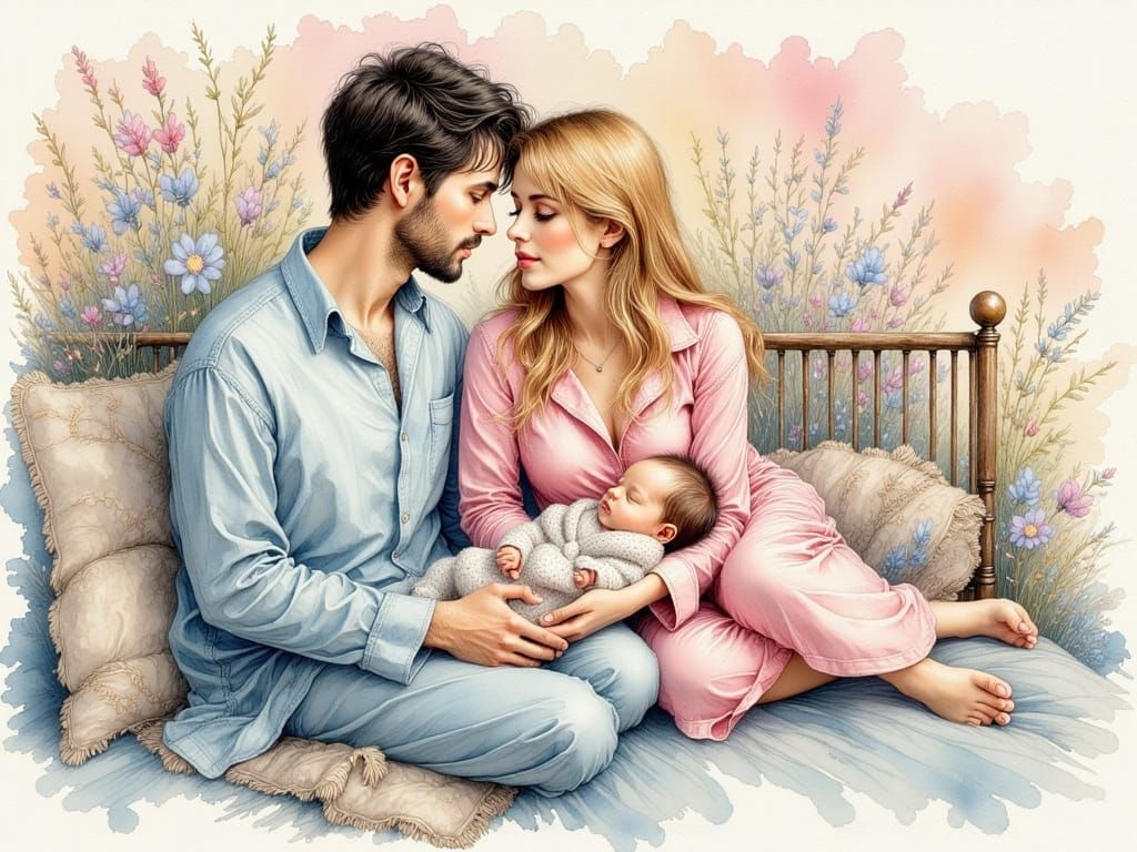 Parents Admire Newborn Daughter, Ink Illustration