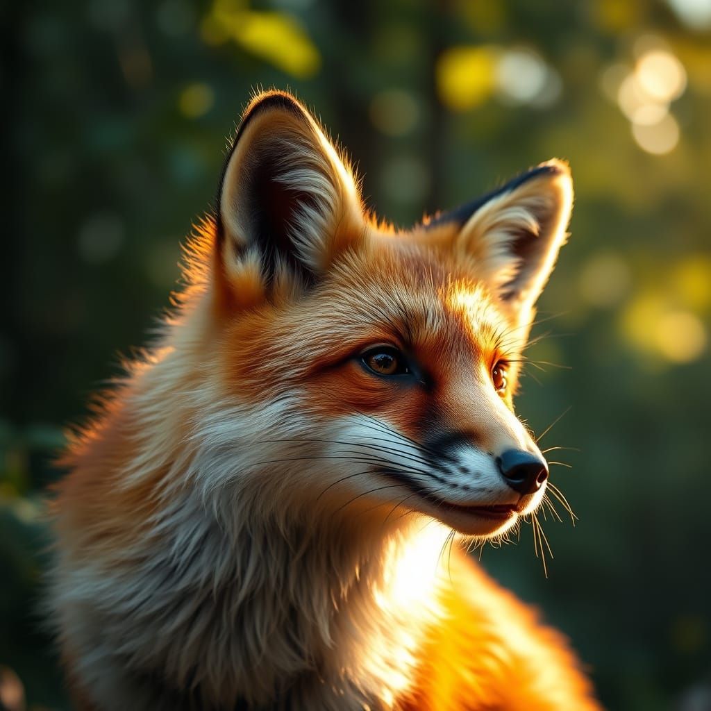 Photorealistic Red Fox Portrait in Golden Hour Forest