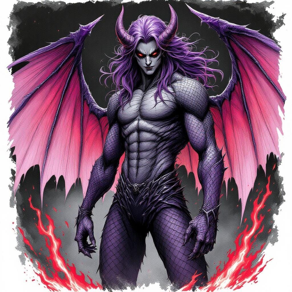 Anime Demon Man with Purple Hair and Red Wings