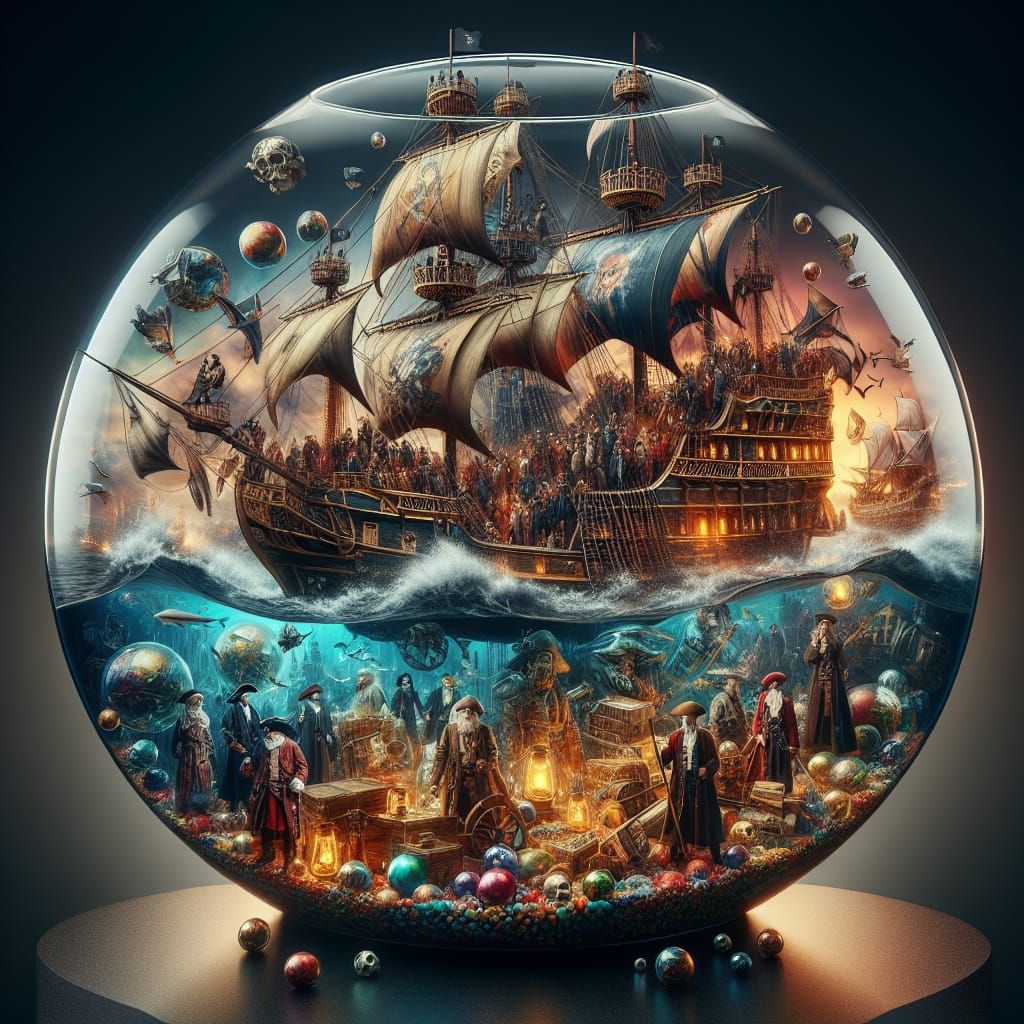 Pirate Ship Treasure Inside Glass Fishbowl in Vivid Fantasy ...
