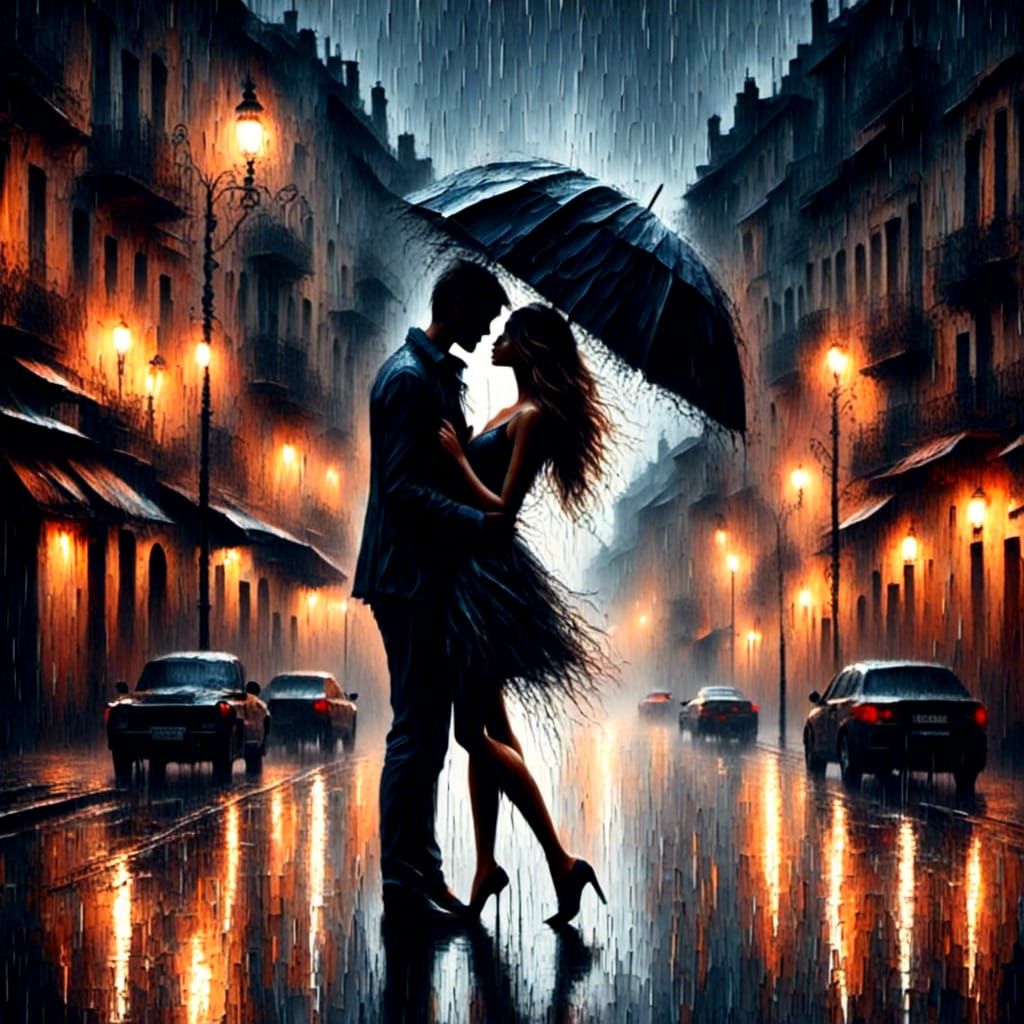 Passionate Kiss in Rain: Impasto Oil Painting