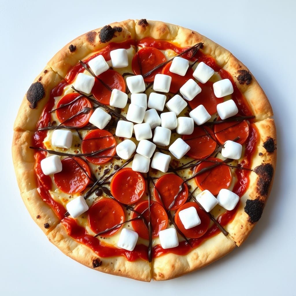 Pepperoni Pizza Topped with Marshmallows and Chocolate