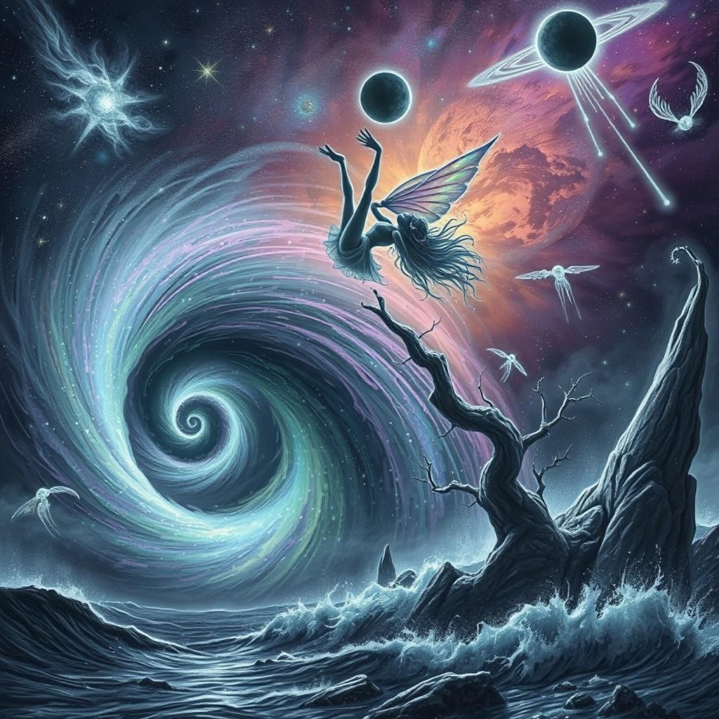 Prismatic Fairy Swept by Hurricane Over the Sea