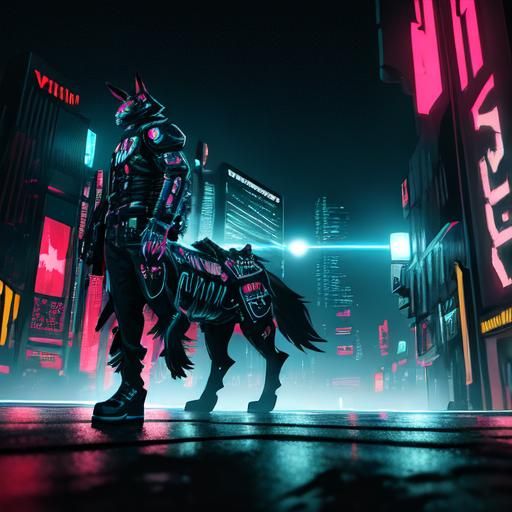 Cyberpunk Rabbit-Wolf Creature in Desert Ruins