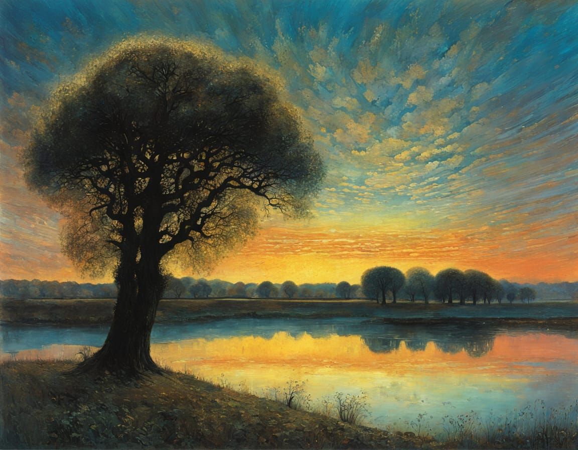 Dreamlike Landscape with Majestic Oak Trees and Serene Lake ...