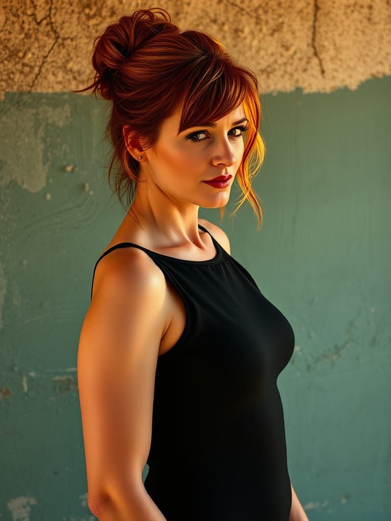 Elegant Mature Woman in Copper Red Hair and Black Camisole D...