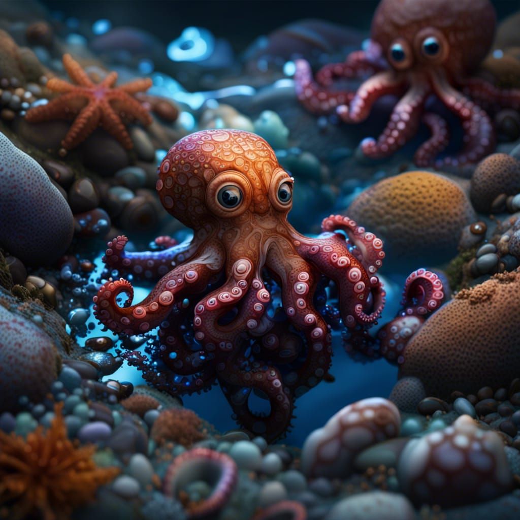 Hyperrealistic Baby Octopus in Tide Pool
