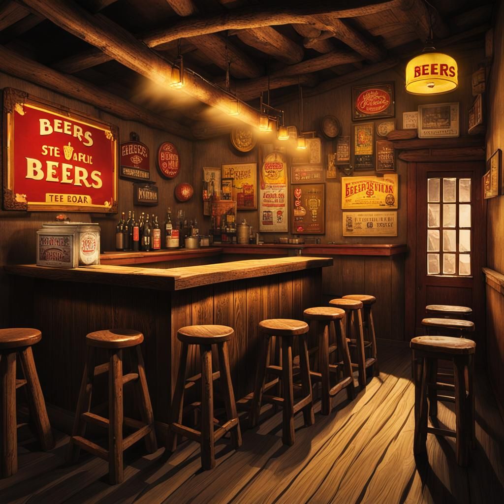 Rustic Bar Interior with Lit "Beers" Sign