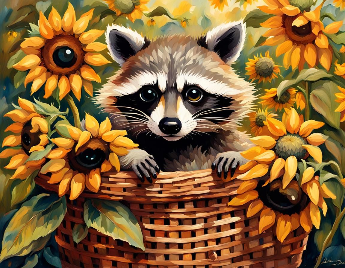 Raccoon in Sunflowers: Impasto Painting
