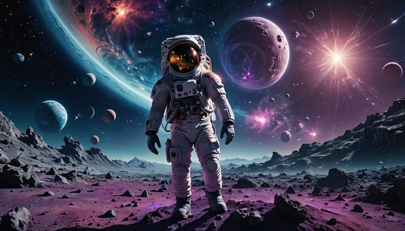 Astronaut on Moon Gazing at Sci-Fi Cosmos
