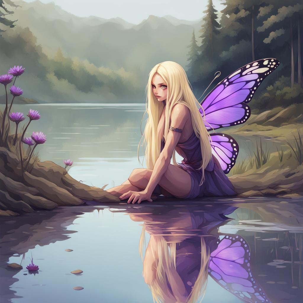 Female Sprite with Butterfly Wings Near Lake
