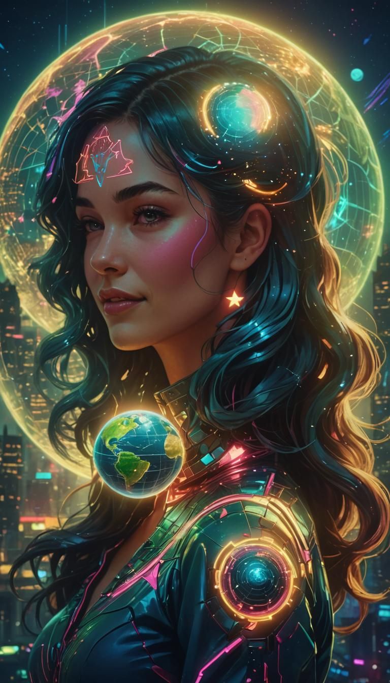 Synthwave Neon: Woman Hugging Earth in Cityscape