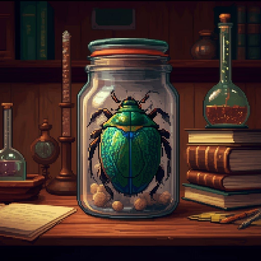 Exotic Beetle in Apothecary Jar, Pixel Art Style