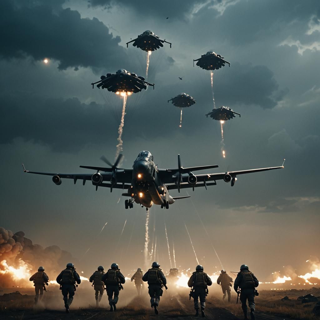 Soldiers Parachuting from Military Plane in Cinematic Style