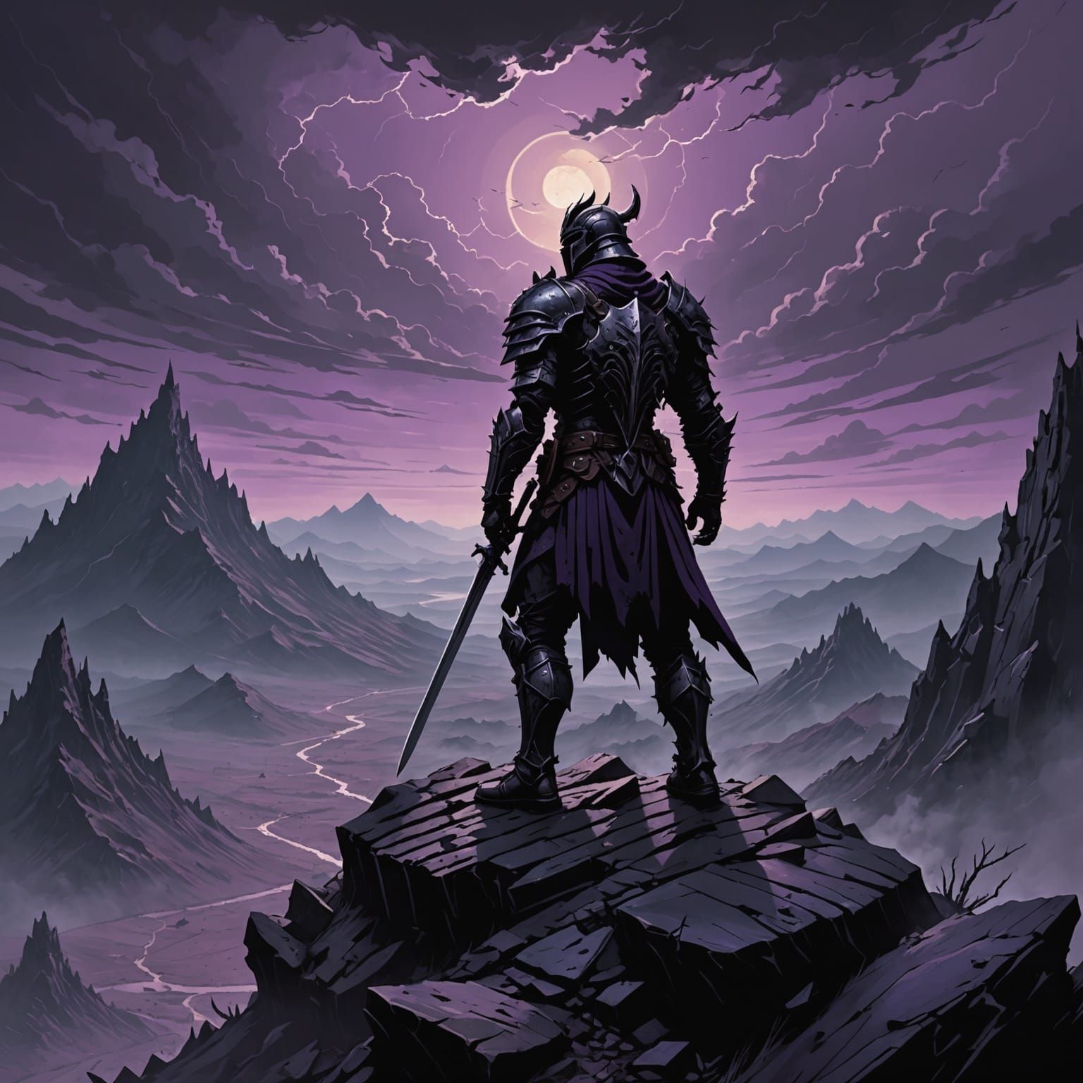 Obsidian Warrior on Mountain Peak, Dark Fantasy Art