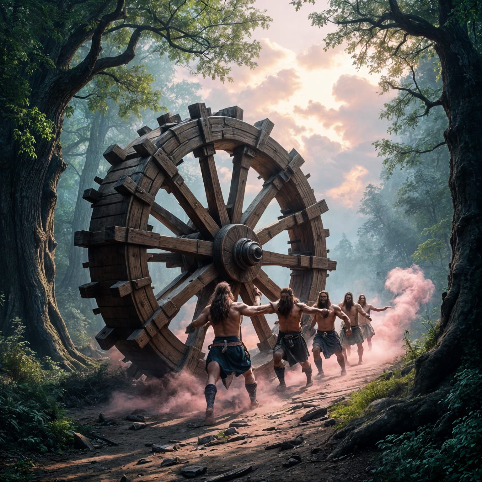 Giant Wooden Wheel in Ancient Forest, Pushed by Bearded Men