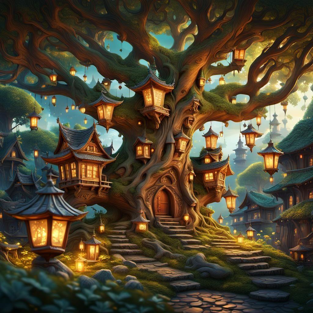 Enchanted Fairy Village in Ancient Tree Roots