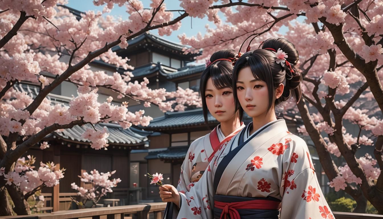 Japanese Home with Cherry Blossoms in Anime Style