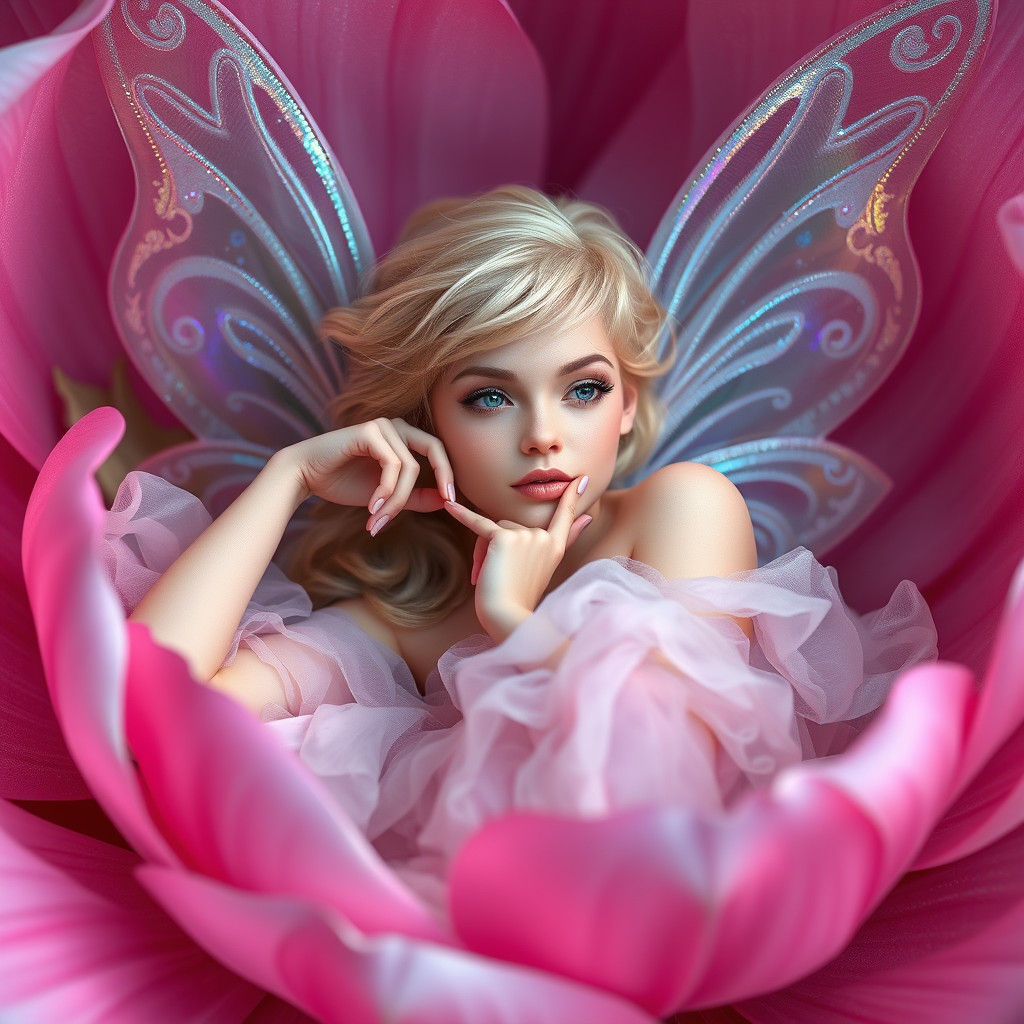 Pastel Fairy Lounging in Flower, Hyper-Realistic Detail