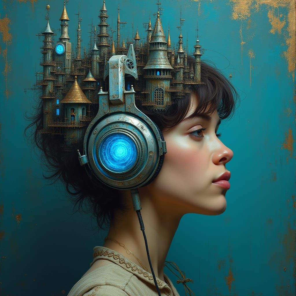 Gothic Skyline: Woman with Metallic Headphones