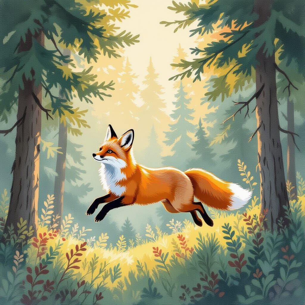 Red Fox Leaping in Sunny Coniferous Forest