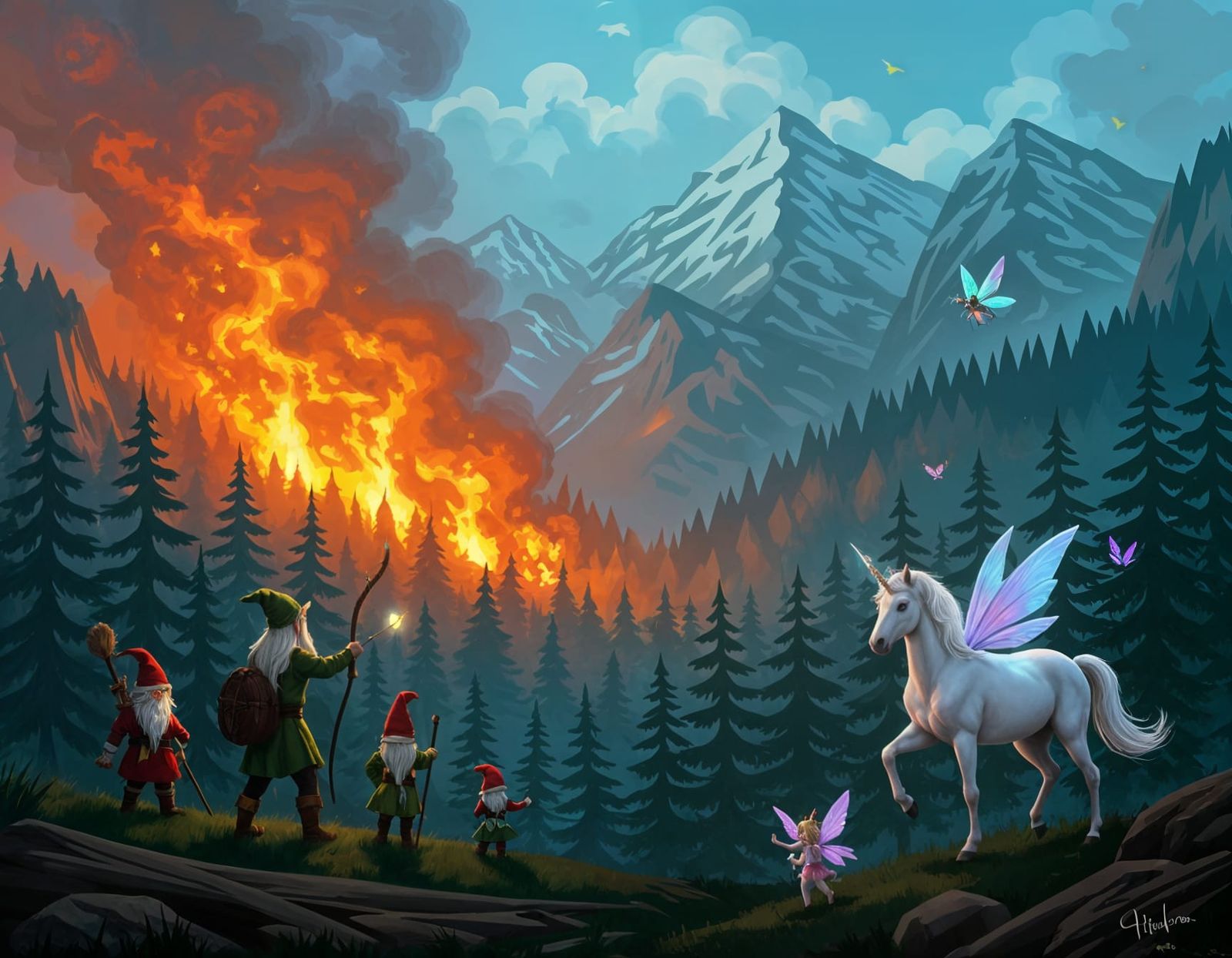 Enchanted Forest with Mythical Creatures and Wildfire