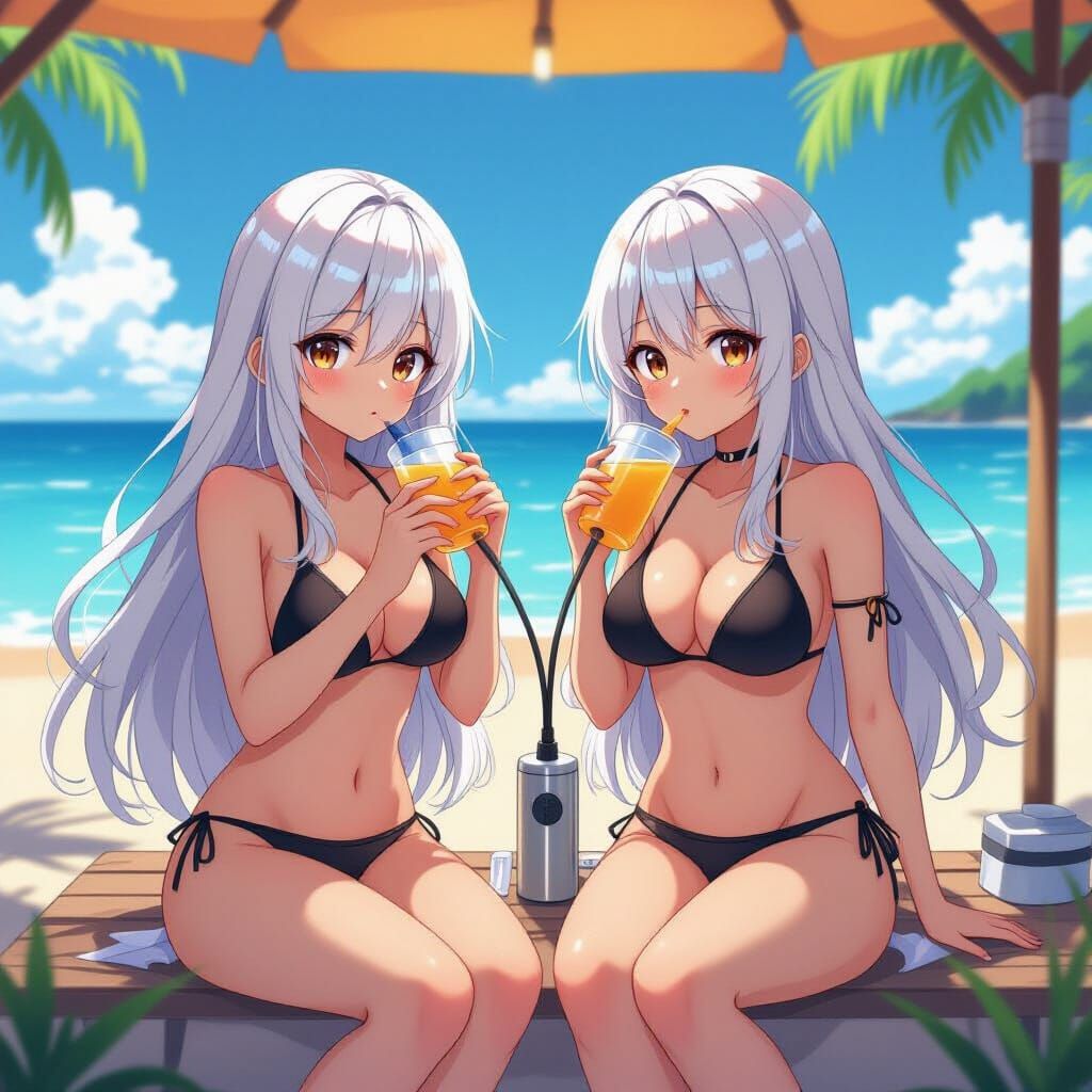 Anime Women Livestreaming on Beach in Manga Style