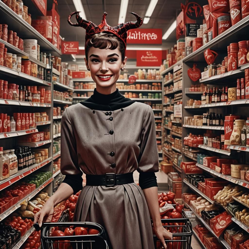 Satanic Audrey Hepburn buying groceries