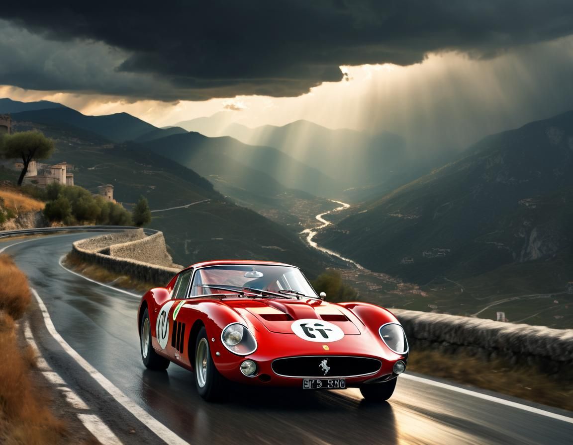 Ferrari 250GTO Races Through Stormy Mountain Pass