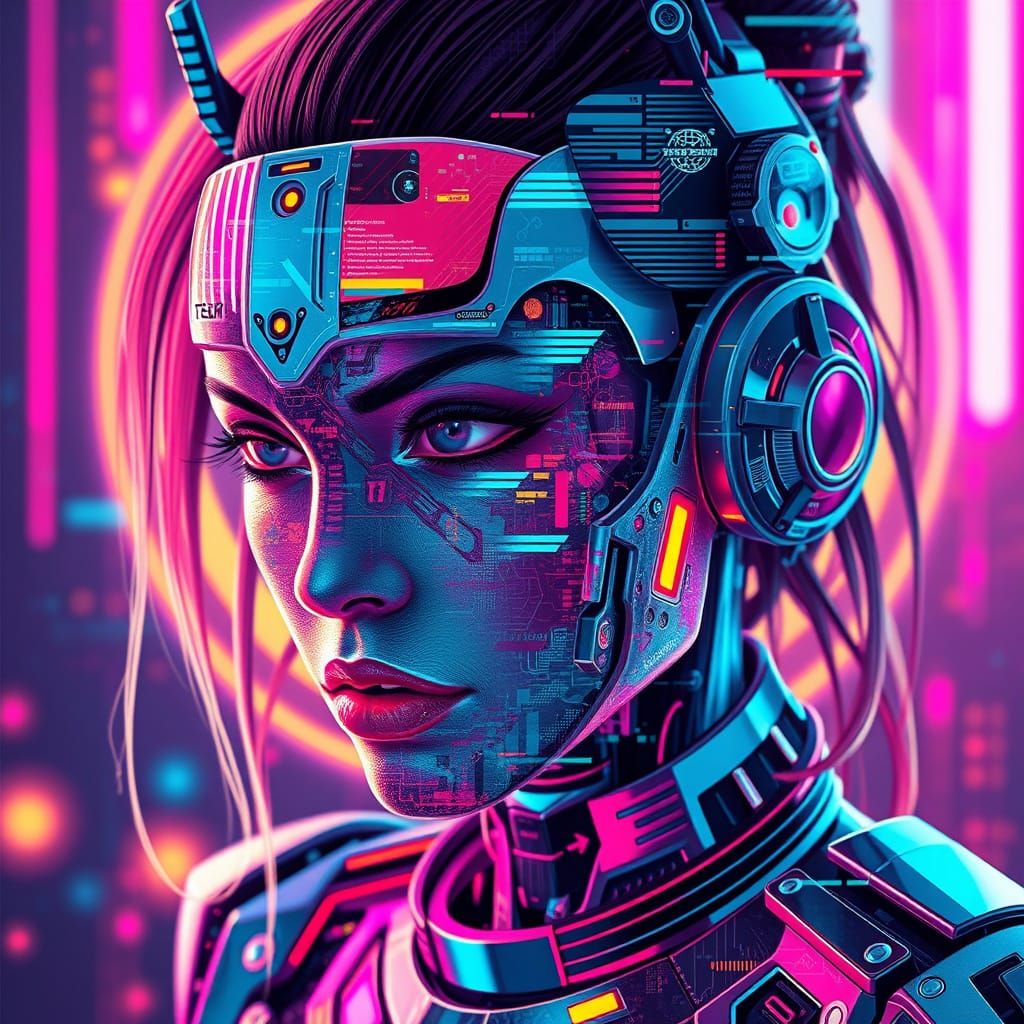 Futuristic Cyborg Warrior with Digital Glitch Mosaic