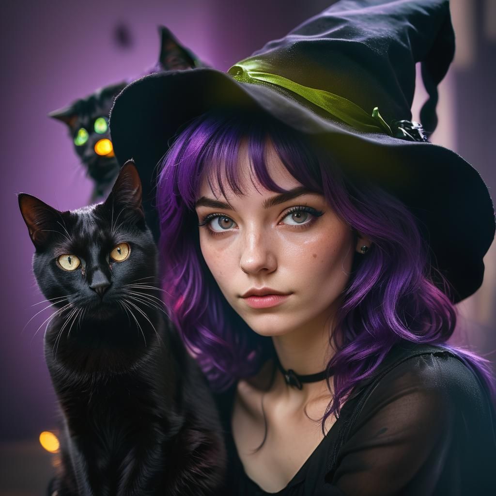Young Witch Portrait with Black Cat in Dark Academia Style