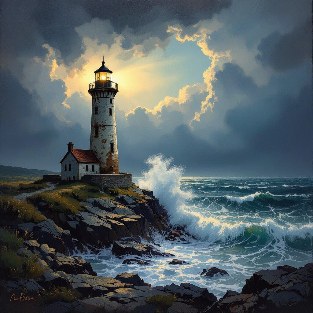Weathered Lighthouse Beam in Stormy Twilight Oil Painting