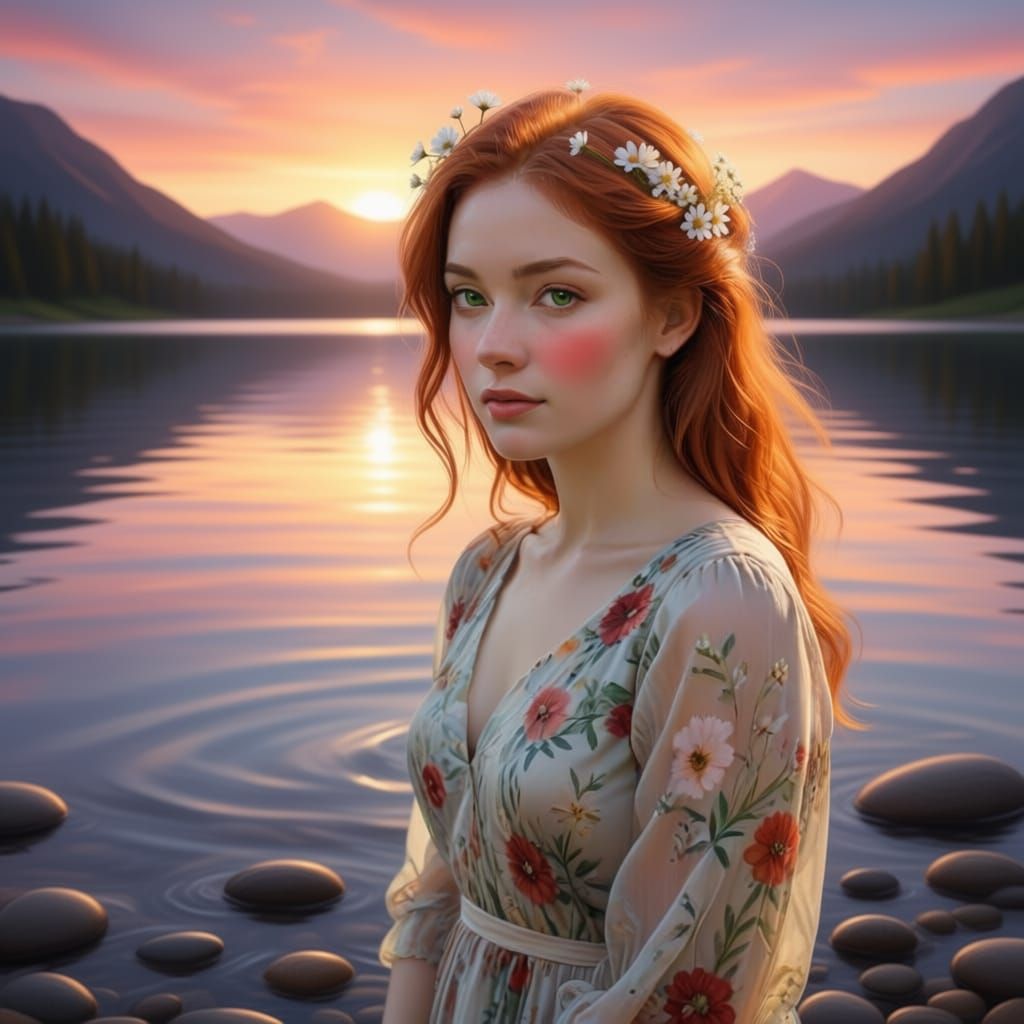 Red-Haired Woman with Flowers and Green Eyes at Sunset