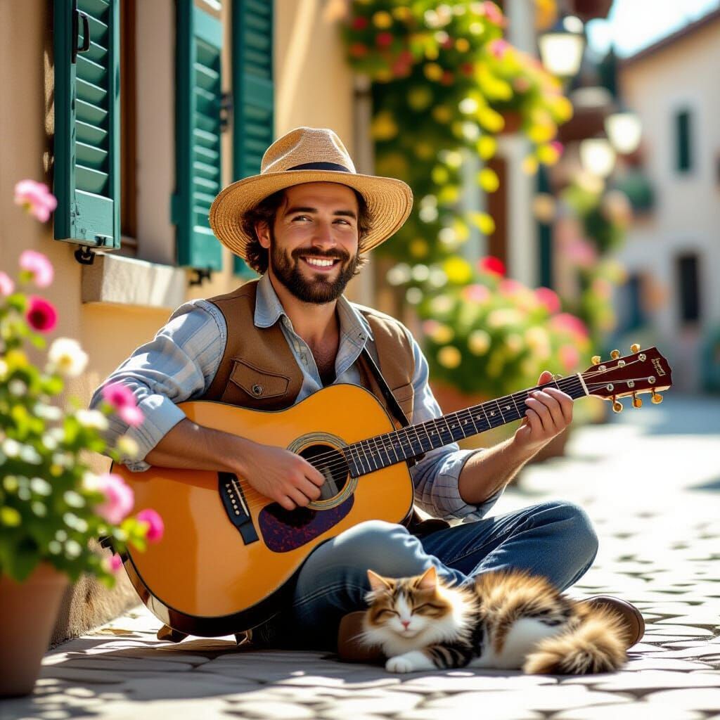 Musician Playing Golden Guitar on Cobblestone Street