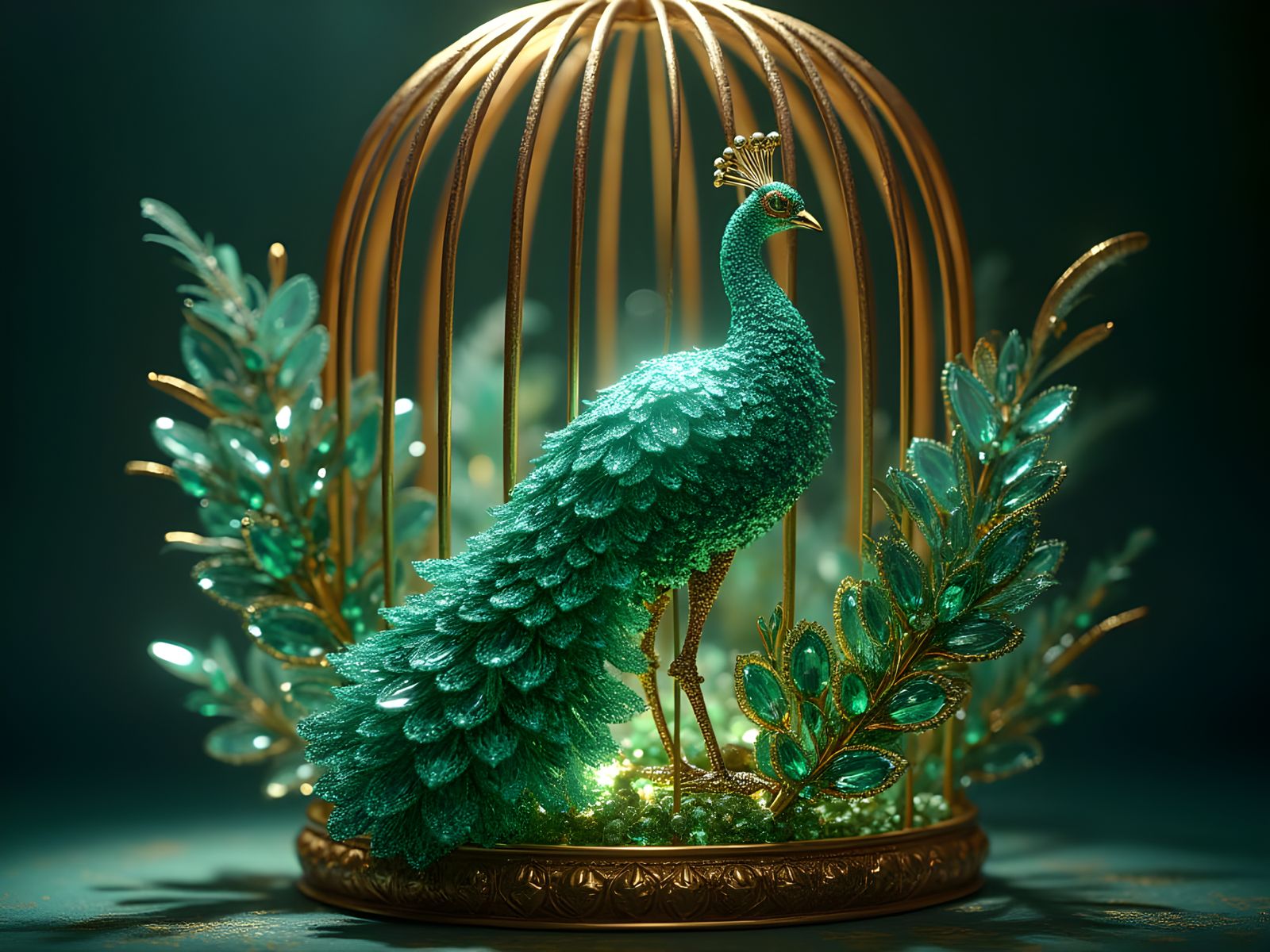 Emerald Peacock Gem Sculpture in Feathered Cage