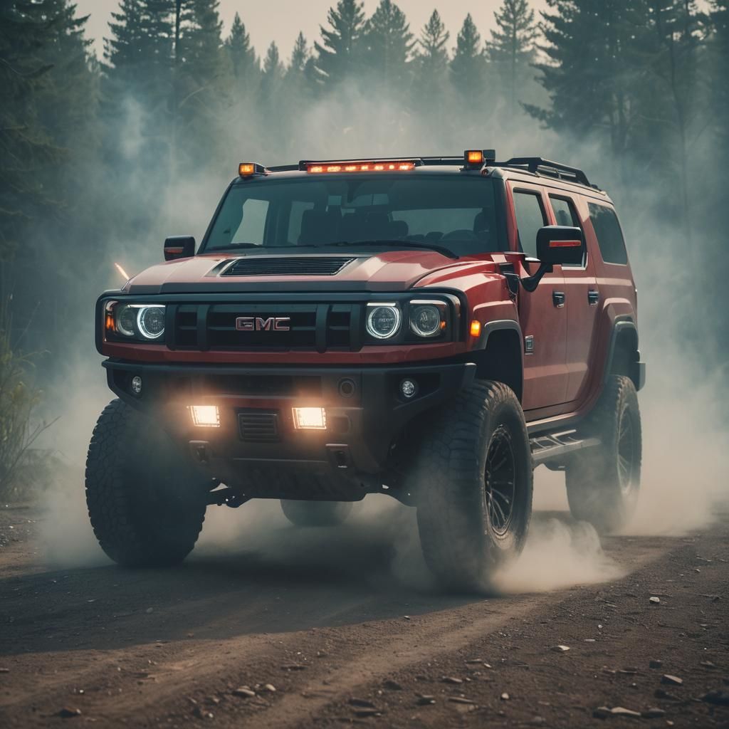 Red GMC Hummer with Blue Rims: Cinematic Film Still