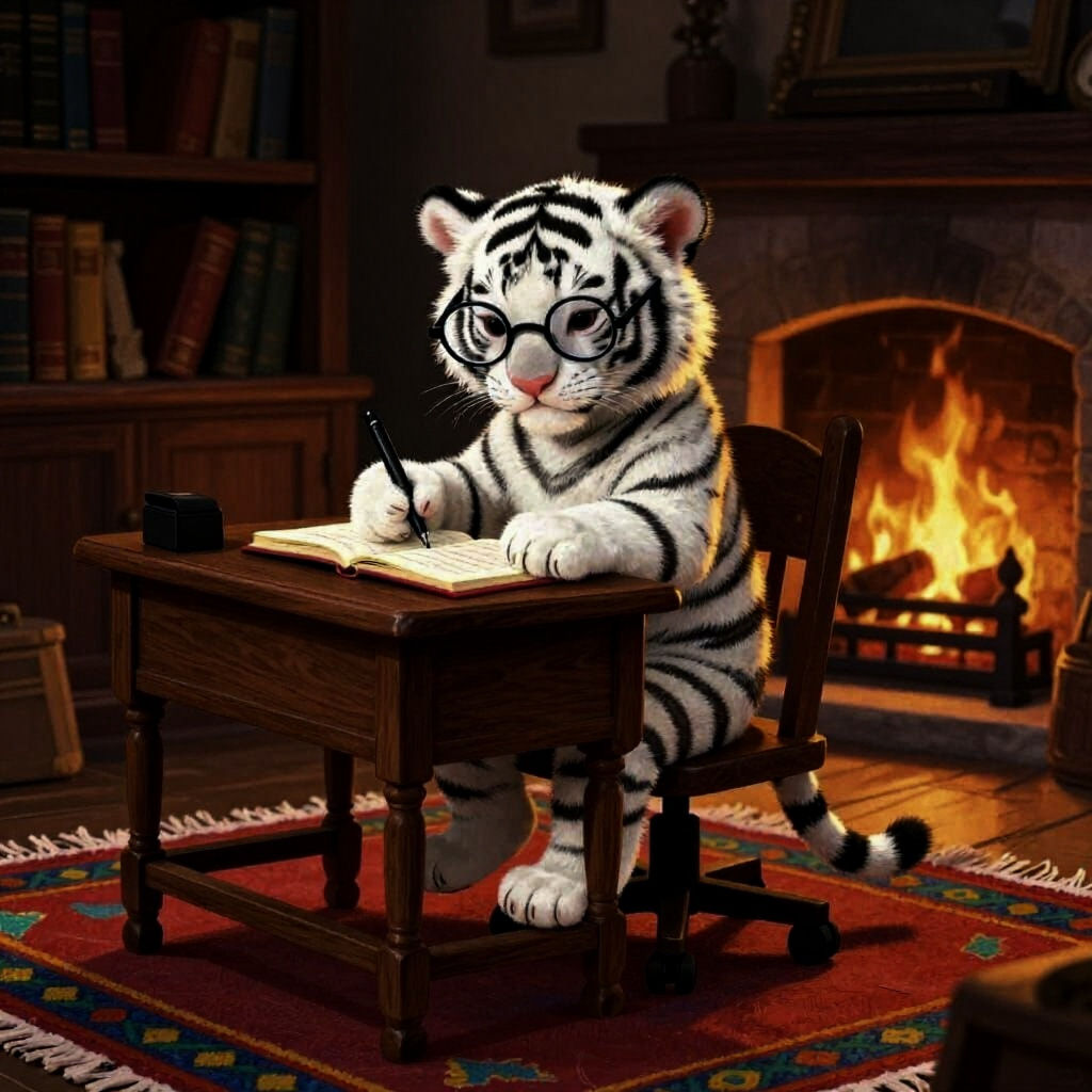 Pensive Tiger Cub Writes at Desk in Cozy Lair