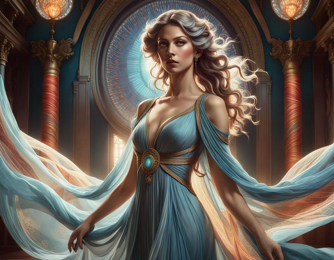 Ethereal Woman in Tapestry Room: Digital Art Portrait