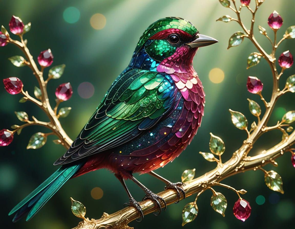 Sparkling Ruby Emerald Bird with Golden Filigree and Rainbow...