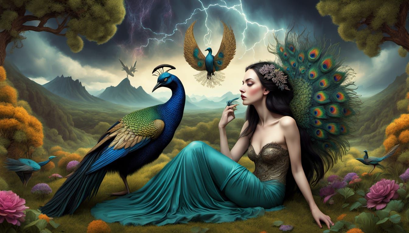 Demon Peacock Creature Kisses Woman in Surreal Eco-Art Garde...