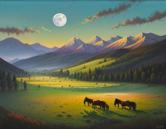 Moonlit Valley Oil Painting with Wild Horses