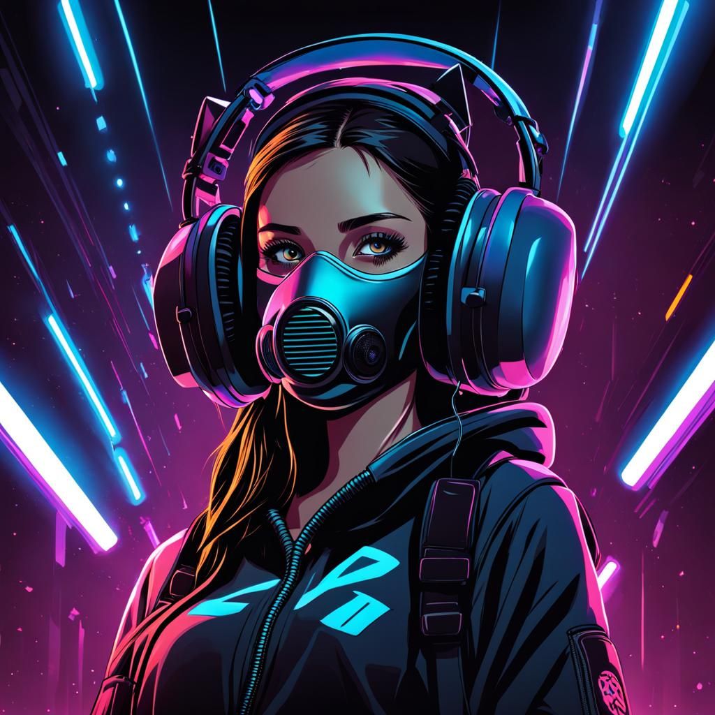 Gas Mask Girl with Cat Headphones Listening to Music